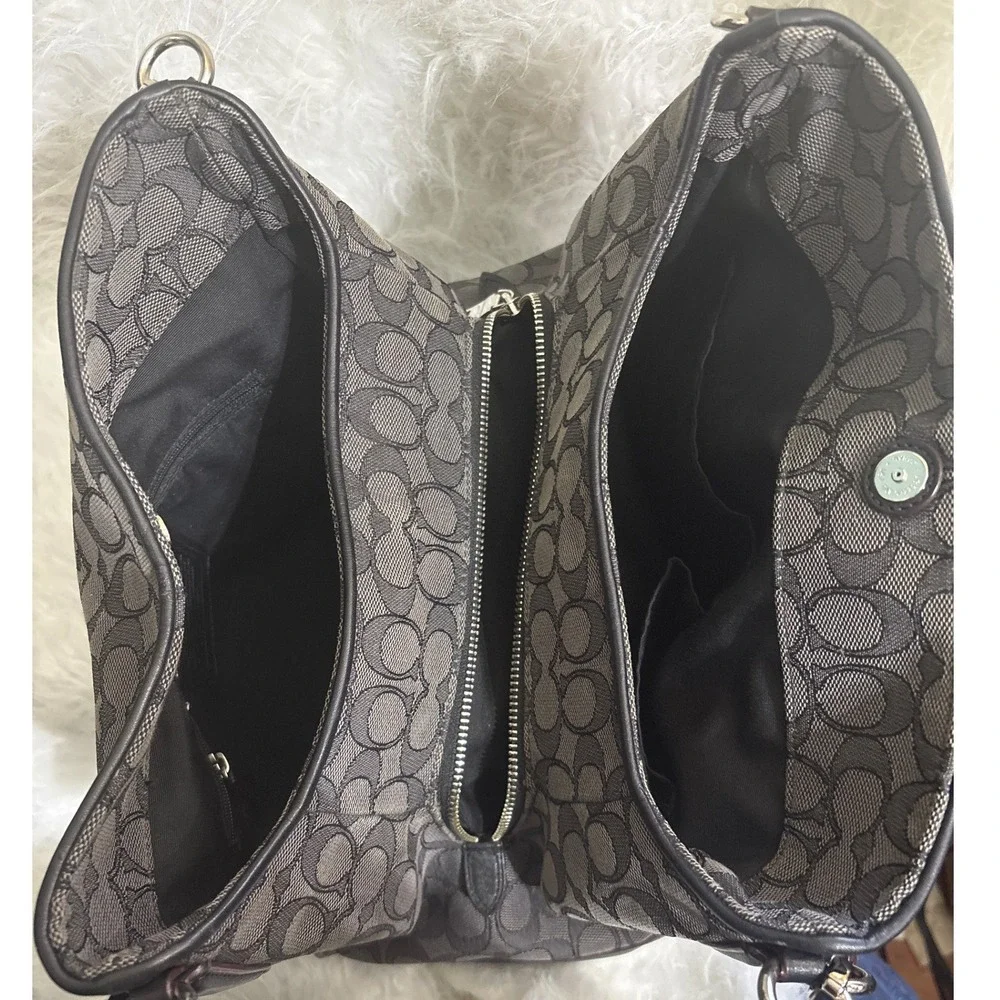 Coach Signature Jacquard Hobo Shoulder Bag Charcoal Grey Black Monogram Canvas